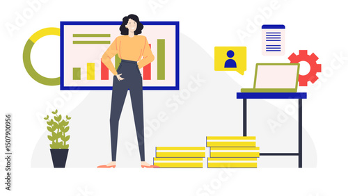Woman presenting informative graphs and charts, suitable for business presentations, marketing reports, financial analysis, data visualization, and educational content.