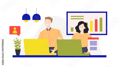 Man and woman in office, both focused on laptops. Suitable for business articles, technology blogs, or workplace concepts in design.