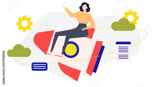 Woman on red rocket with yellow clouds. Perfect for science fiction illustrations, children's book covers, or space themed designs.