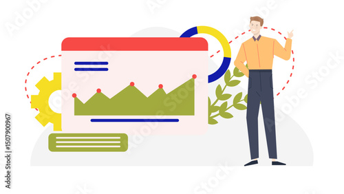 Man pointing at computer screen graph, suitable for business presentations, data analysis concepts, technologyrelated designs, and financial reports.