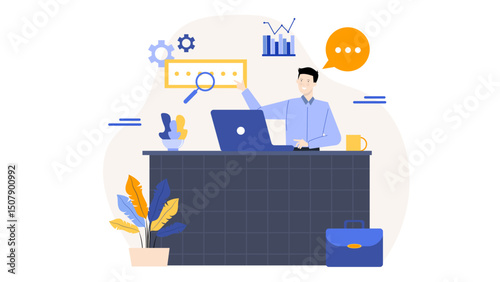 Man working at desk with laptop, suitable for business, technology, remote work, office, freelance, productivity, and home office concepts.