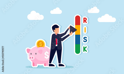 Businessman standing near a piggy bank adjusting risk level indicators illustration of risk calculation for diversified business financial investment