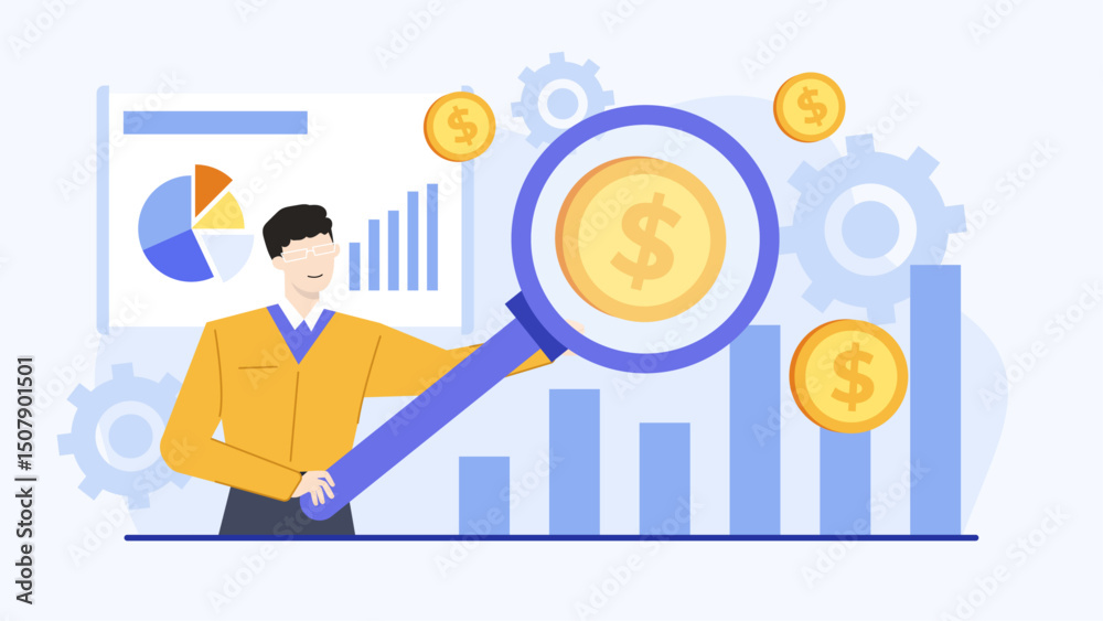 Man using magnifying glass on coin near bar graph, suitable for financial analysis, market research, investment concepts in business presentations. Man using magnifying glass on coin near bar graph, suitable for financial analysis, market research, investment concepts in business presentations.