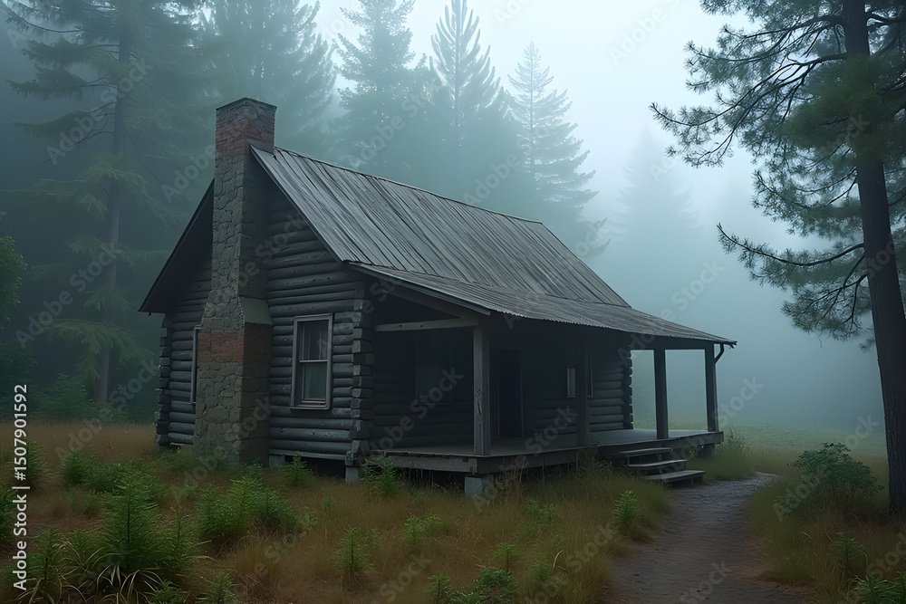 Obraz premium Abandoned wooden cabin in mist