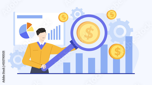 Man using magnifying glass on coin near bar graph, suitable for financial analysis, market research, investment concepts in business presentations.