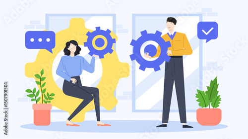 Two people collaborate using gears in a teamwork concept. Ideal for business presentations, engineering graphics, and technology themed designs.