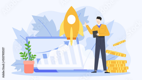 Man directing attention at rocket launching from laptop, suitable for technology, innovation, and virtual reality concepts in marketing materials.
