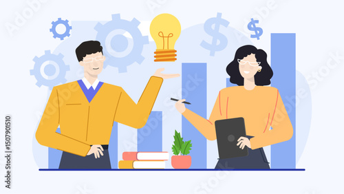 Two people discussing a new business idea, suitable for presentations, entrepreneurship articles, teamwork concepts, and marketing materials.