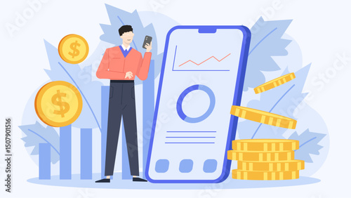 Man viewing graph and coins on phone, symbolizing finance or investment. Suitable for financial technology concepts or business presentations.