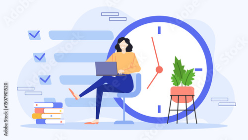 Woman in office with laptop and clock suitable for time management, productivity, remote work, business concept designs. Time efficient work environment.