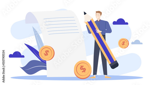 Man holding giant pencil by white paper with dollar signs. Suitable for financial concepts, business advertising, creative marketing materials.
