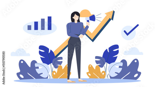 Woman with a megaphone next to a growth chart, demonstrating leadership in business or personal development presentations and promotions.