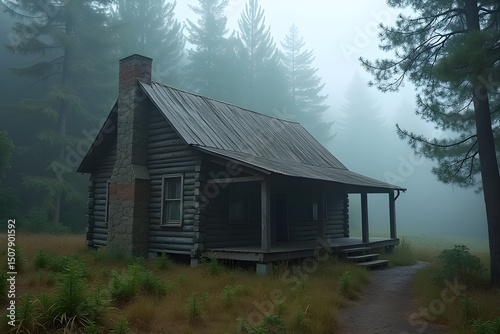 Abandoned wooden cabin in mist