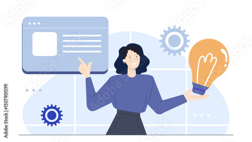 Conceptual image of a woman holding a light bulb, symbolizing ideas, innovation, creativity. Suitable for business, innovation, and creativity concepts.