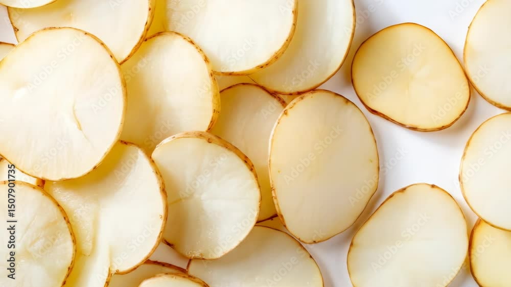 Closeup view of thinly sliced potatoes ready for cooking or snacking