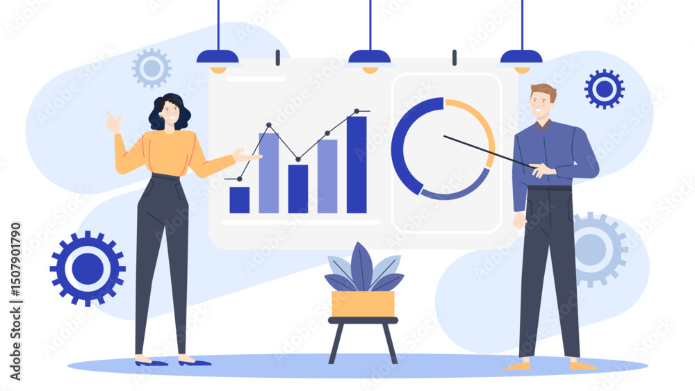 Fototapeta premium Business presentation featuring a woman and man presenting a graph and a pie chart, ideal for corporate or financial presentations.