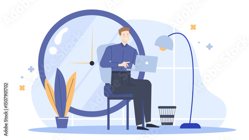 Man sits in a chair working on a laptop, suitable for remote work, freelancing, business, technology, communication, home office concepts.