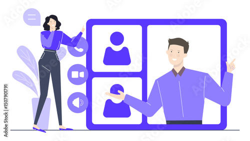 Video call with two people discussing business. Suitable for illustrating remote work, online meetings, virtual conferences, collaboration, and communication.