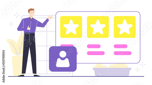 Man gesturing with thumbs up near three yellow stars, great for positive endorsement, rating systems, approval, feedback concepts.