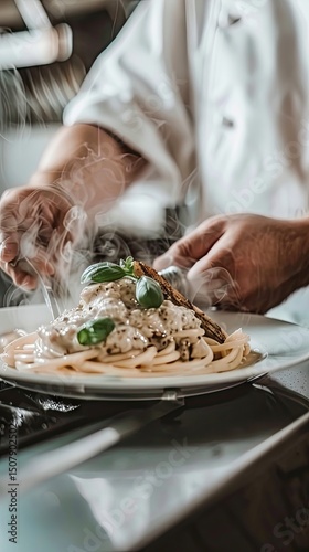 Chef preparing creamy pasta dish