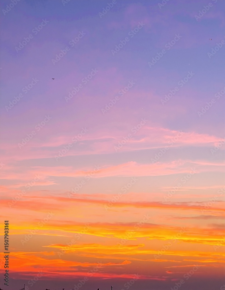 Fototapeta premium A breathtaking sunset over the tranquil ocean, with vibrant hues of orange and pink reflecting on the water, silhouetting small boats gently bobbing on the waves.