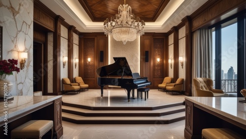 Luxurious interior featuring a grand piano, elegant chandelier, and city view