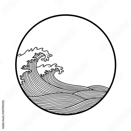 Black and white illustration of a wave in a circle drawn with lines. Suitable for design on the theme of ocean, surfing, outdoor recreation. Wave logo in a circular frame. photo