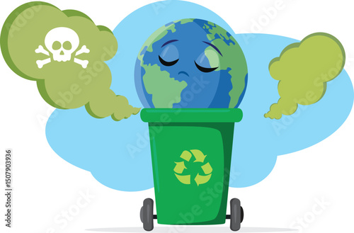 Planet Earth in a Toxic Trash Can Vector Cartoon illustration. Terra discarded in a dumpster with dangerous litter  
