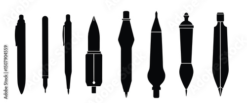 pen black silhouette vector, elegant pen icon set.