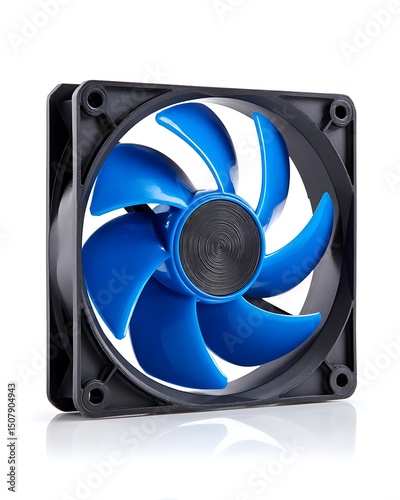 Computer CPU cooling fan, isolated on white. Essential internal hardware for PC building and repair visuals. photo