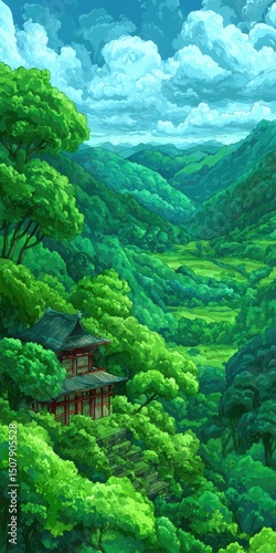 Pixelated Lush Green Valley Landscape With Temple