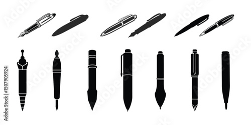 pen black silhouette vector, elegant pen icon set.
