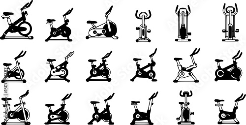set of Stationary bike silhouette, black and white silhouette, vector and illustration
