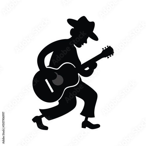 Silhouette of a street musician playing guitar vector illustration