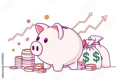 Line art illustration of piggy bank, coins, graphs, and money bags representing financial growth and investment,  coins, piggy bank