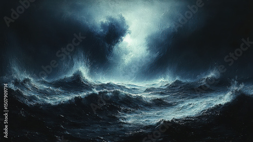A brooding, charcoal-toned sky, where a spectral, blue-hued cloud lurked ominously over a restless ocean, its surface churned by an invisible force. The background, a somber canvas of gray and 