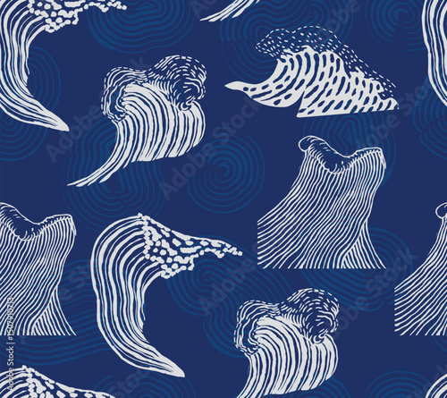 Handcrafted brush lines abstract collage waves seamless pattern in white and blue, Japanese folk, ethnic wood carving, block print texture background, irregular and creative graphic for decoration
