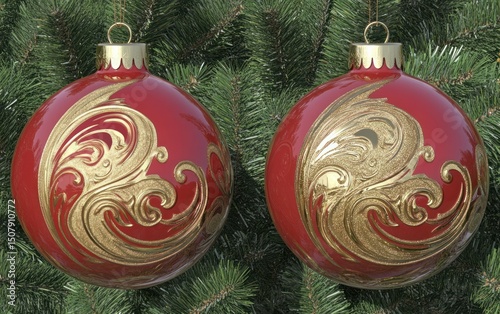Christmas ornaments, red with gold designs