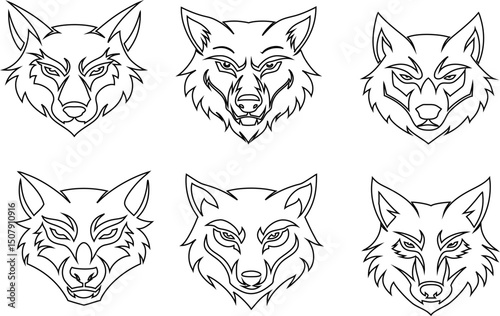outline Vector wolf head pack, icon collection  in a minimalistic style, ready for use in branding or apparel.