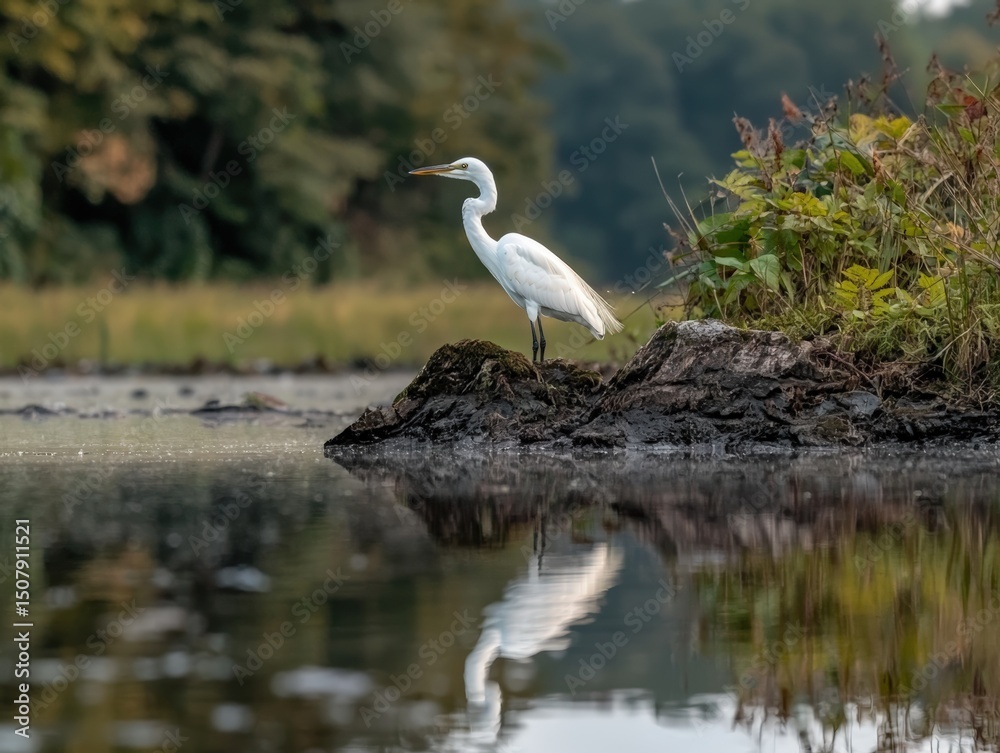 Fototapeta premium Elegant great egret stands serenely on a mossy rock.