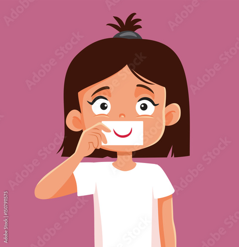 Little Girl Holding a Smiling Card Vector Cartoon Illustration. Child feeling depressed trying to hide her true feelings of anxiety 
