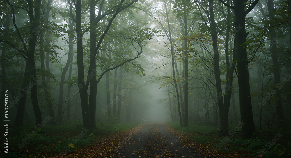 Fototapeta premium Mysterious Foggy Forest Path Misty Woodland Road Autumn Trees