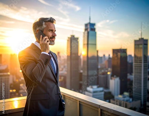 Man in suit on rooftop, sunset cityscape backdrop, phone call
