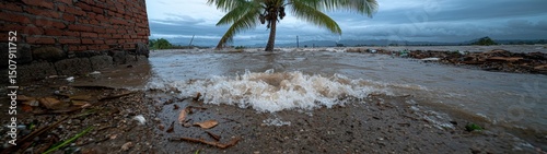 Devastating floodwaters inundate a village, threatening homes and livelihoods.