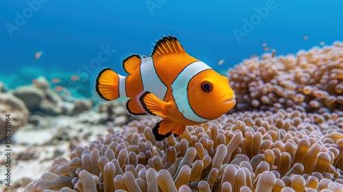Vibrant clownfish swimming near anemone in clear ocean water.