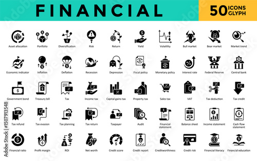 Financial icons set with asset allocation, portfolio, diversification, risk, return, yield, volatility, bull market, bear market, market trend icon. Simple glyph vector 
