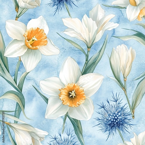 Watercolor Floral Pattern With Daffodils