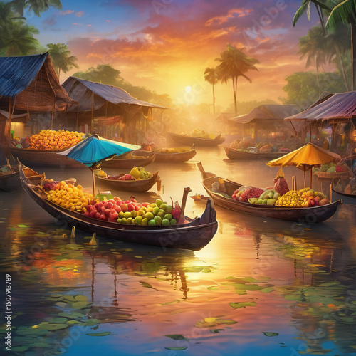 Ethereal Dawn Floating Market in Rim Glow Style with Lumen Print
