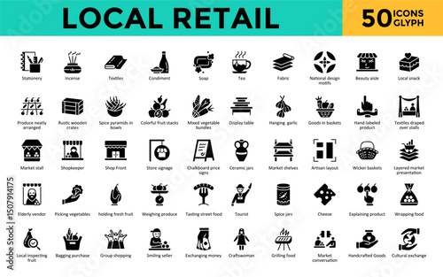 Local Retail icons set with stationery, incense, textiles, condiment, soap, tea, fabric, national design motifs, beauty aisle, local snack icon. Simple glyph vector 
