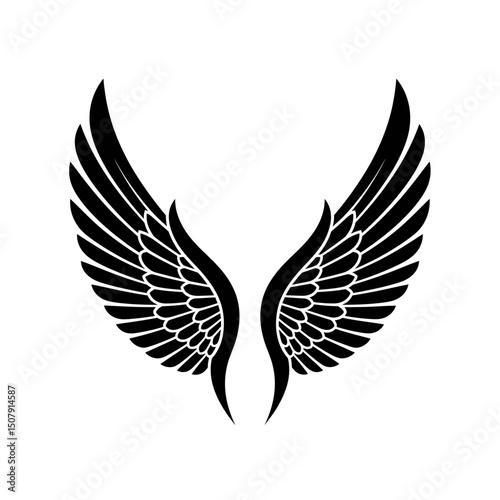 Vector symmetrical depiction of feathered wings extending upwards in a stylized avian design element illustration on transparent background